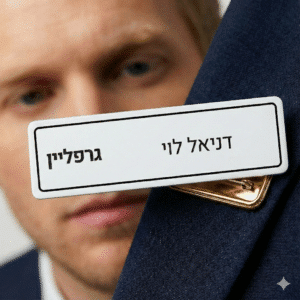 תג שם מתכת לבן עם הדפס