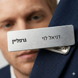 תג שם מתכת כסוף עם הדפס