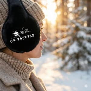 מחממי אוזניים שחורים דמוי פרווה עם הדפסת שם אישית מתנה לחורף.