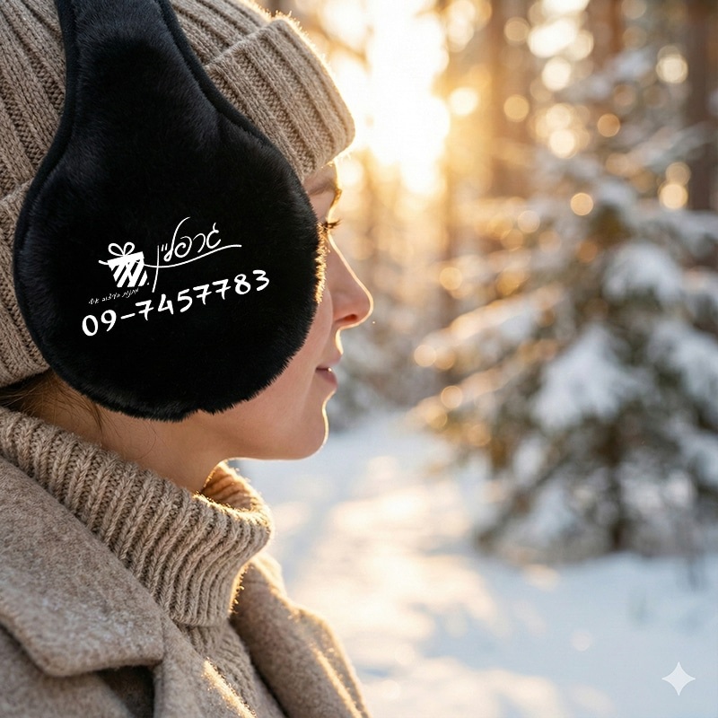 מחממי אוזניים שחורים דמוי פרווה עם הדפסת שם אישית מתנה לחורף.