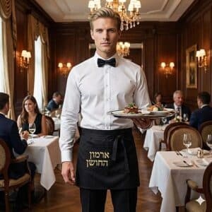 מלצר במסעדת יוקרה לובש חצי סינר שחור עם רקמה/הדפסה מוזהבת של לוגו "ארמון החושן".