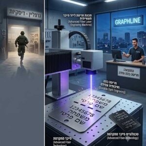דיסקית זיהוי לחייל עשויה מנירוסטה איכותית עם חריטת לייזר פייבר עמוקה של שם ומספר אישי, מונחת לצד שרשרת כדורים תקנית.